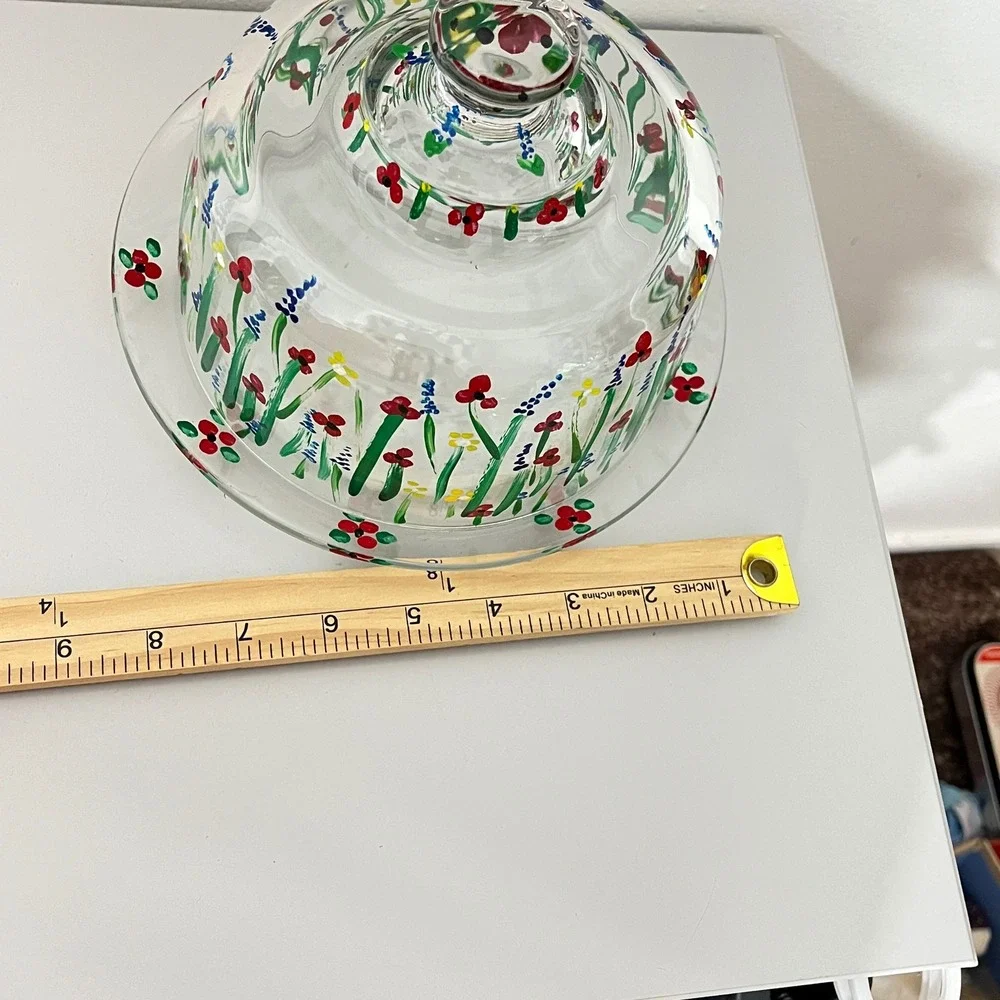 Vintage France  Cheese Cloche Set  Clear Hand Painted Floral Wildflower
